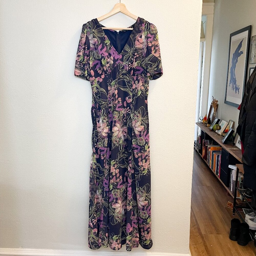 Eshakti Maxi Dress, Blue Purple Green Floral Gown with Pockets, Size Medium 10